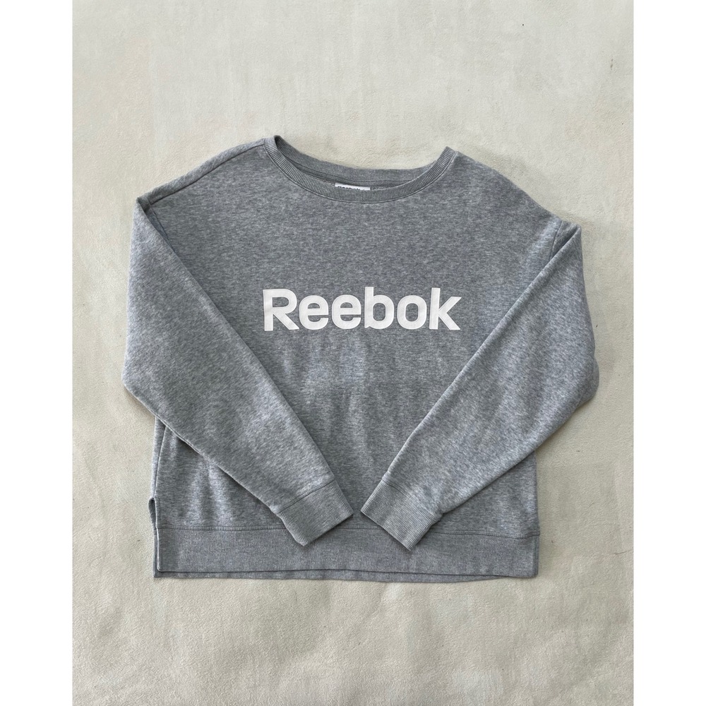 Reebok Womens Heather Gray Fleece Logo Crewneck Sweatshirt Pullover